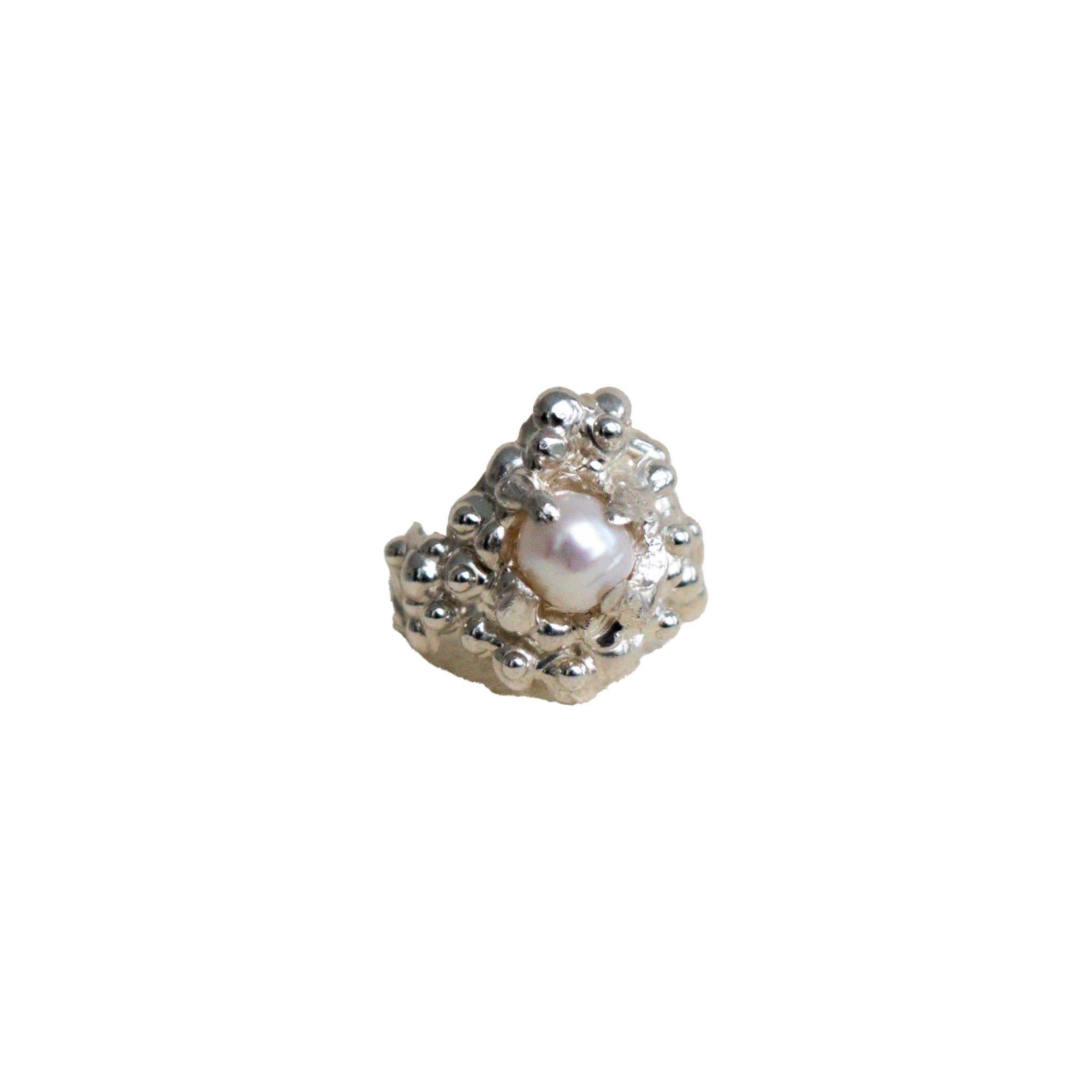 Single pearl earring with silver setting on a white background