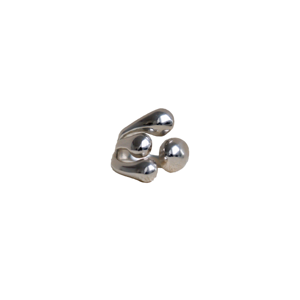 Silver ring with spherical design on a white background