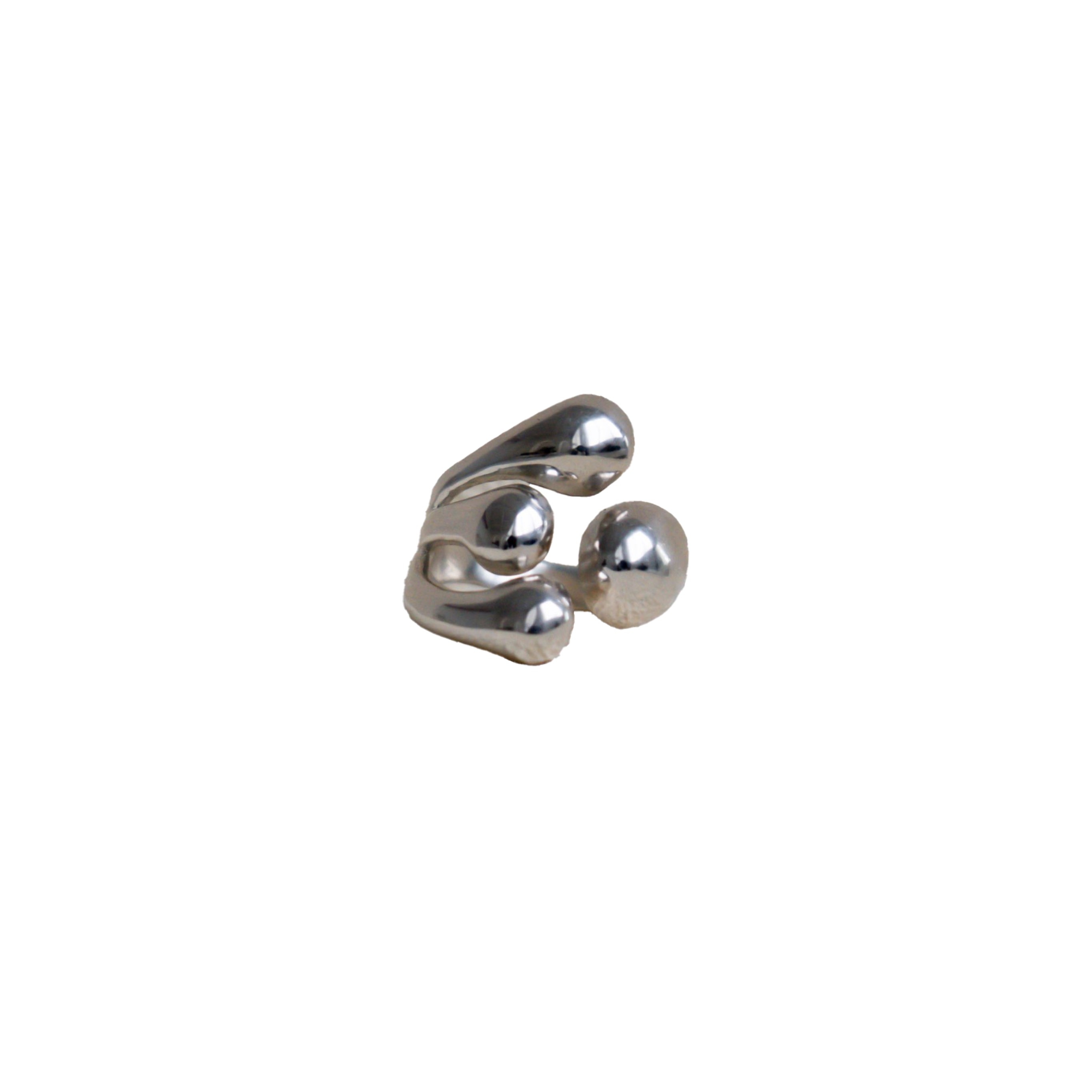 Silver ring with spherical design on a white background