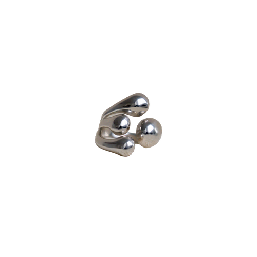 Silver ring with spherical design on a white background